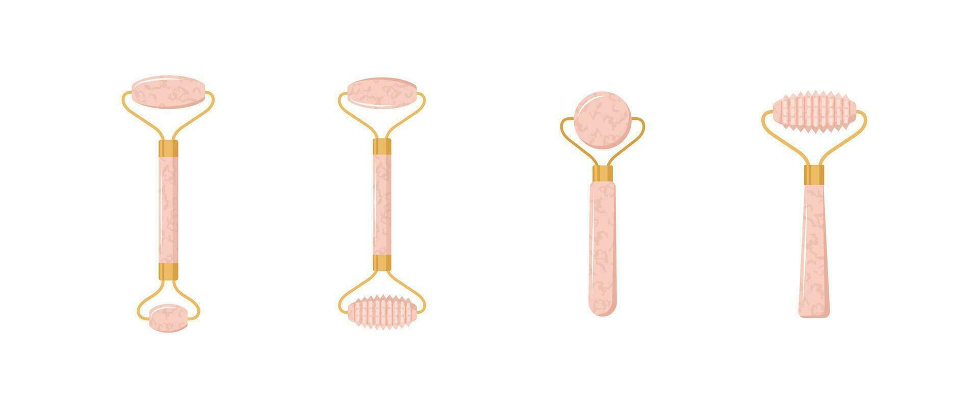 cuarzo facial rodillo. chino gua sha masaje. colección de diferente forma natural rosado cuarzo piedras piel cuidado y Mañana rutina. vector ilustración en plano dibujos animados estilo