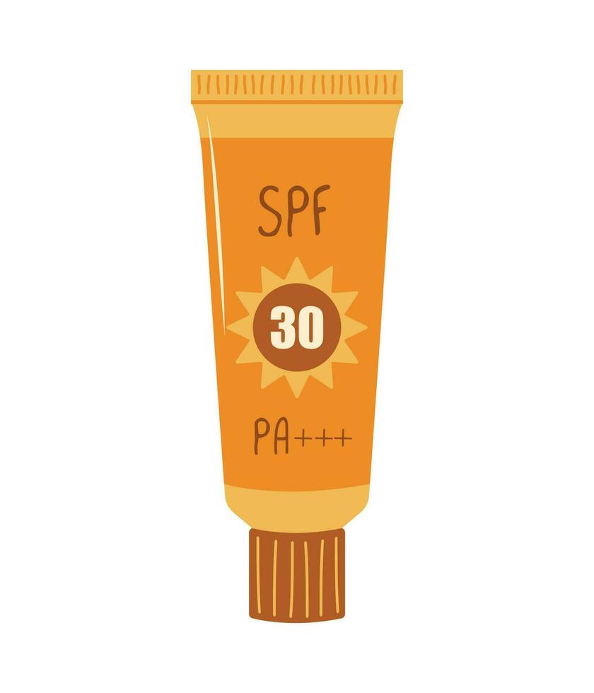 Sunscreen orange tube. Sunblock moisturizer lotion. Face cream with SPF. Protection for skin from solar ultraviolet light. Hand drawn summer cosmetic. Vector illustration in flat cartoon style