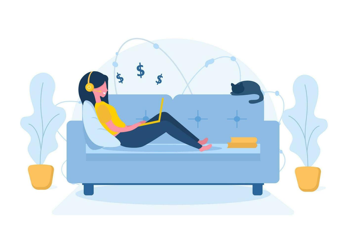 Womens freelance. Girl with laptop in headphones lying on the sofa. Concept illustration for working, studying, education, work from home, healthy lifestyle. Vector illustration in flat style.