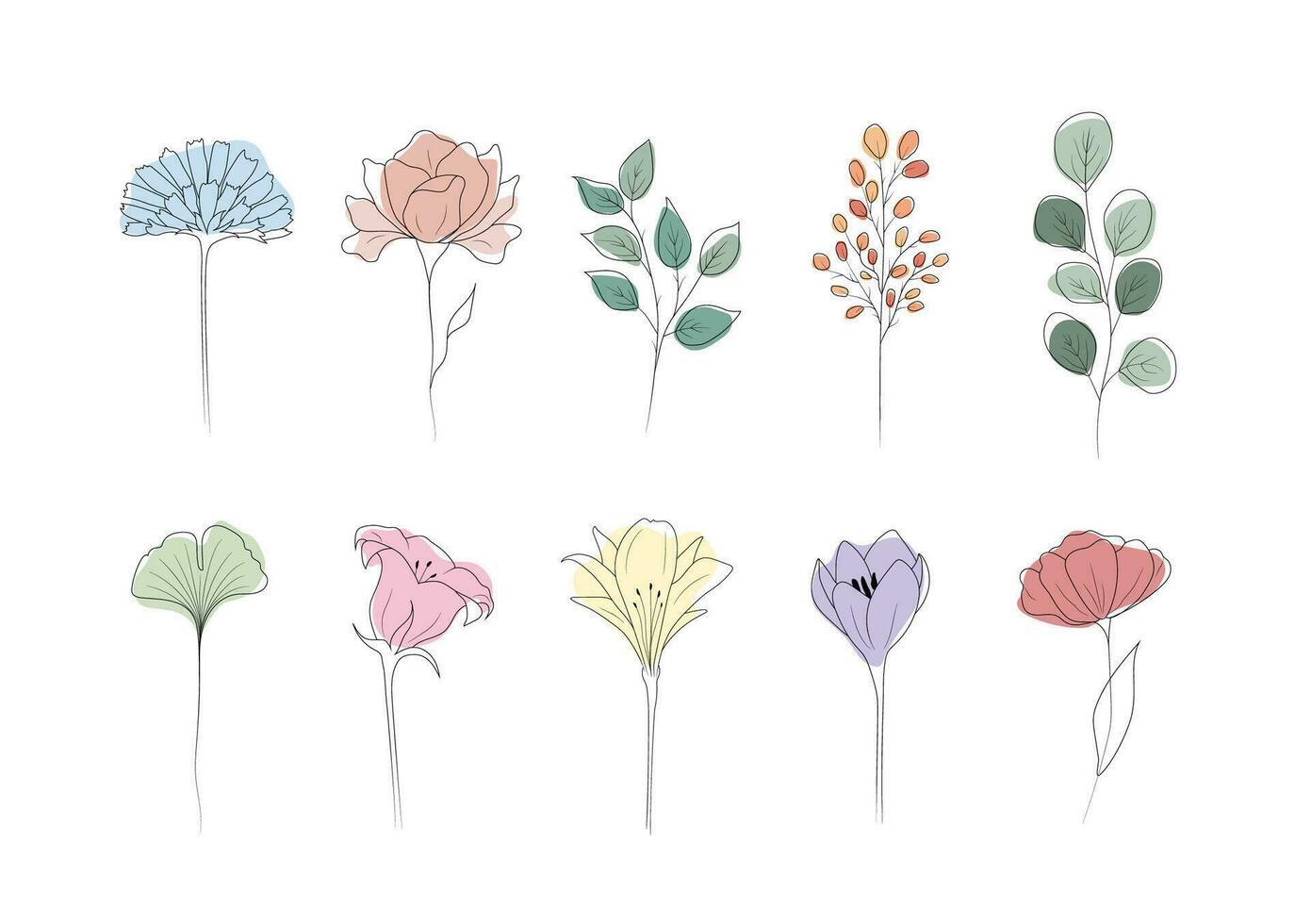 Collection of linear flowers. Abstract minimalistic design for logo, wedding invitations, postcards, textile. Modern vector illustration