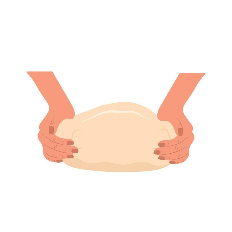 Kneading dough hands. Woman prepares homemade bread. Top view. Cooking school. Stay home and cook healthy food by recipe. Vector illustration in flat cartoon style