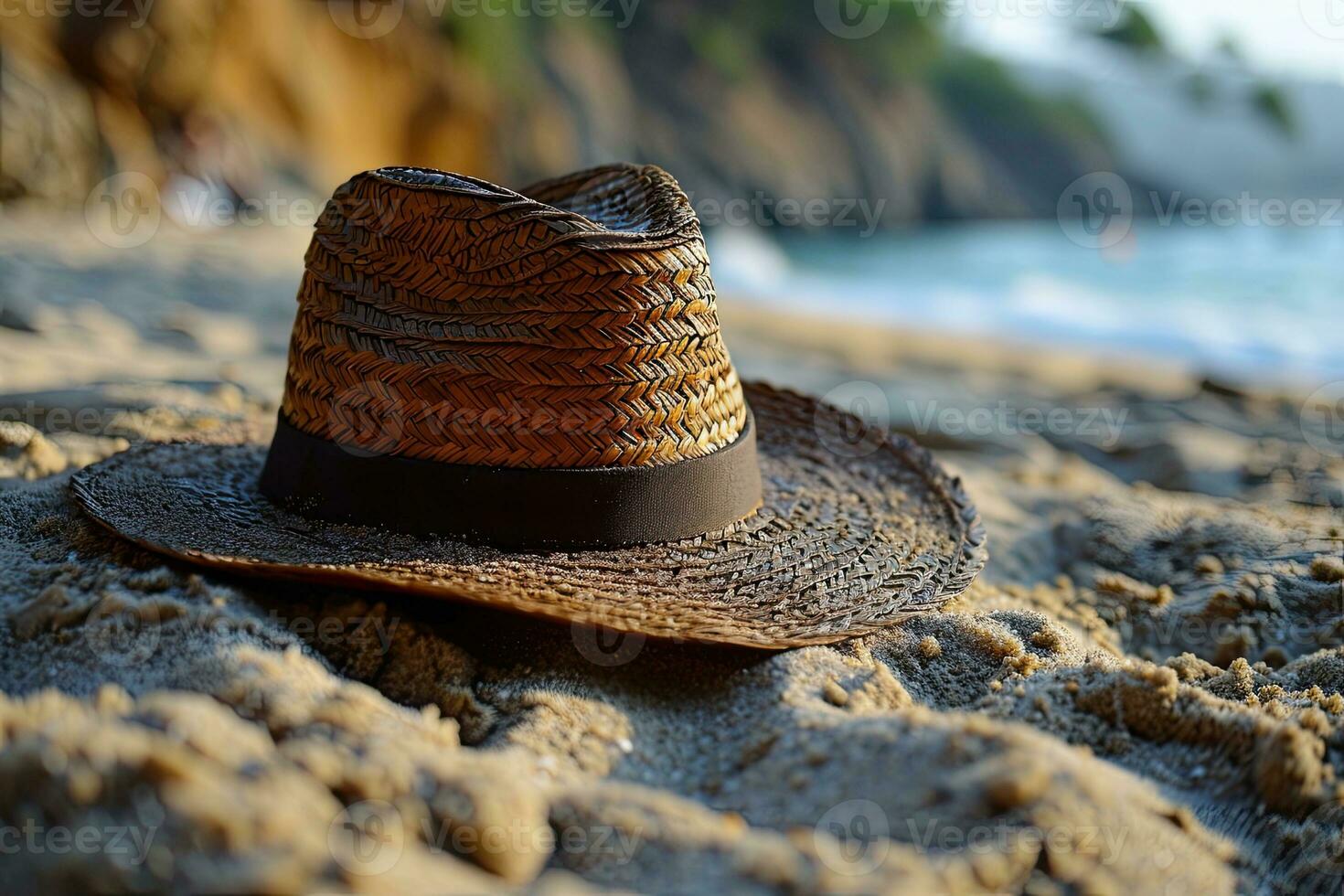 AI generated Straw hat on the sand beach professional photography photo