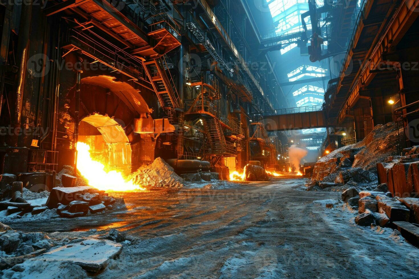 AI generated stock photo inside a steel smelting factory professional photography