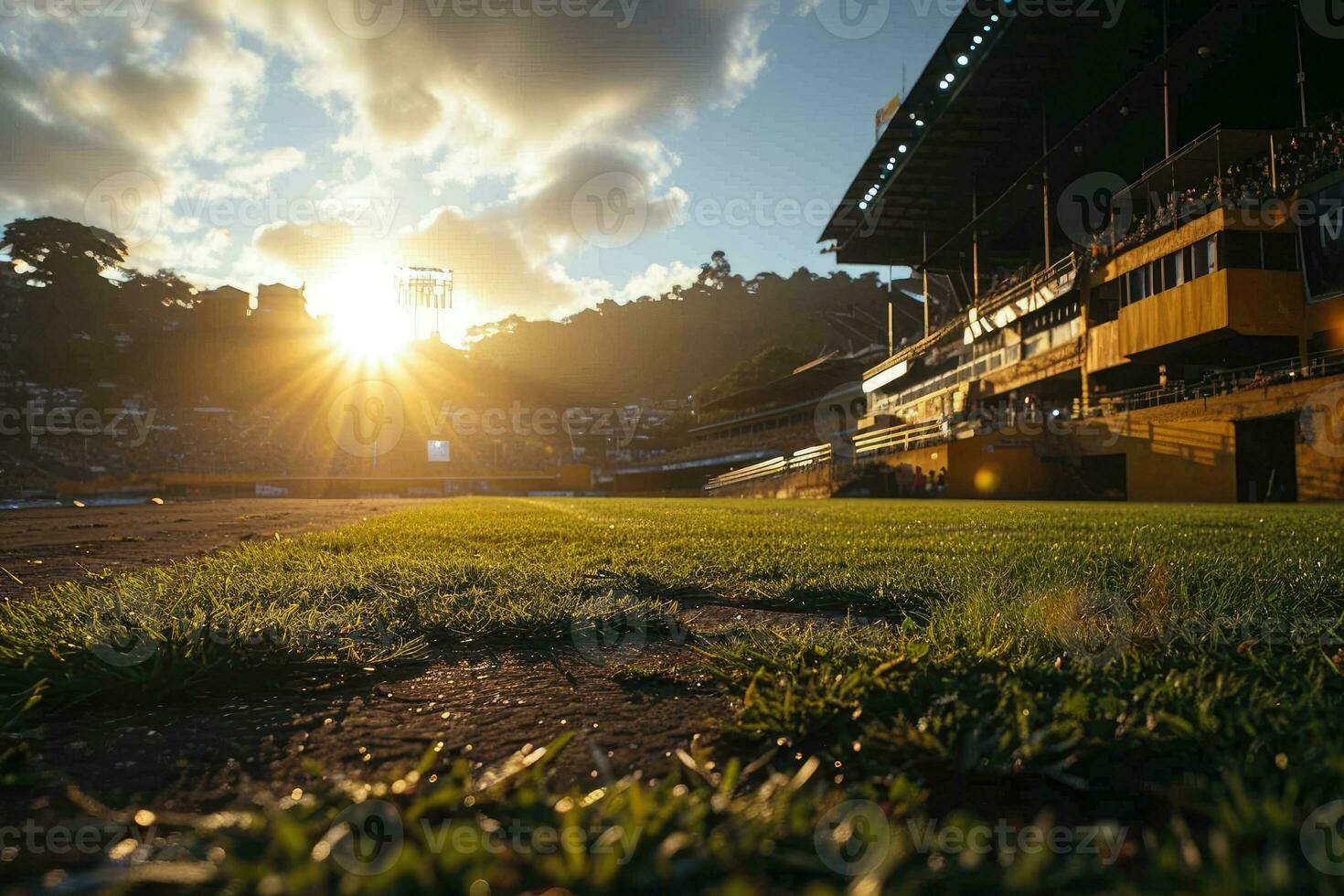 AI generated Lush green lawn at football soccer sports stadium professional photography photo