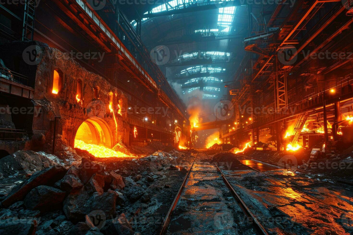 AI generated stock photo inside a steel smelting factory professional photography