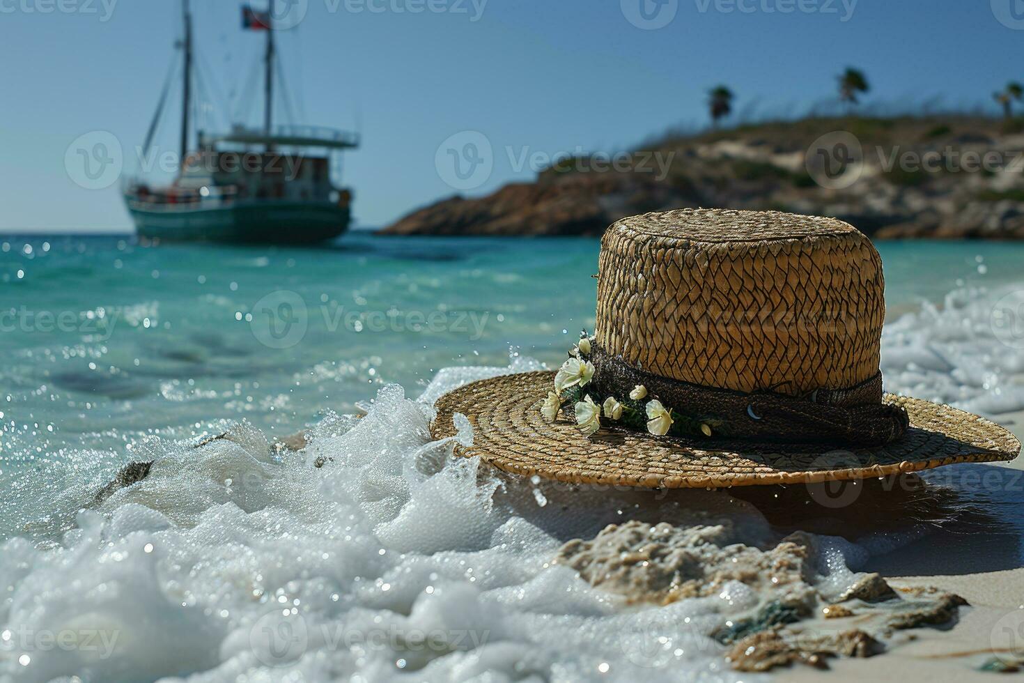 AI generated Straw hat on the sand beach professional photography photo