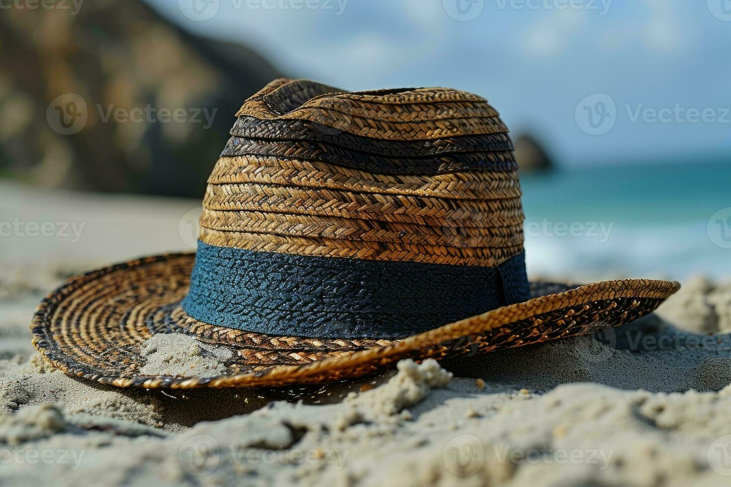 ai generado Paja sombrero en el arena playa profesional fotografía foto