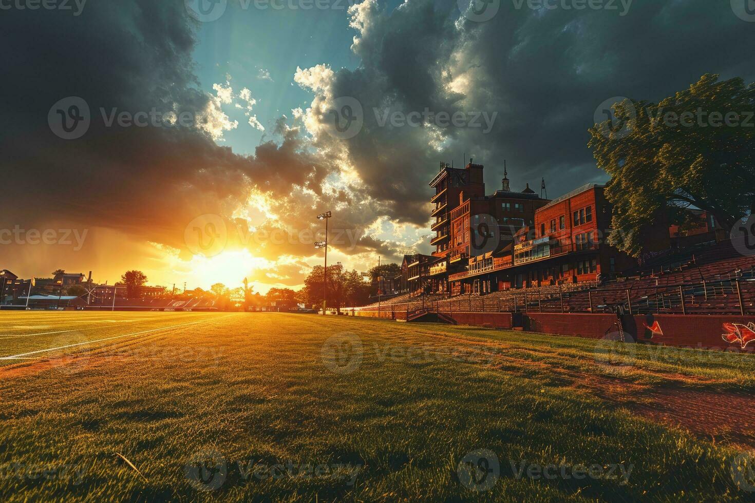 AI generated Lush green lawn at football soccer sports stadium professional photography photo