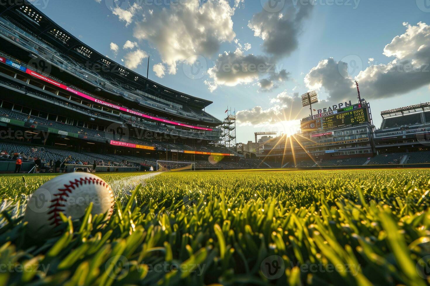 AI generated Lush green lawn at football soccer sports stadium professional photography photo