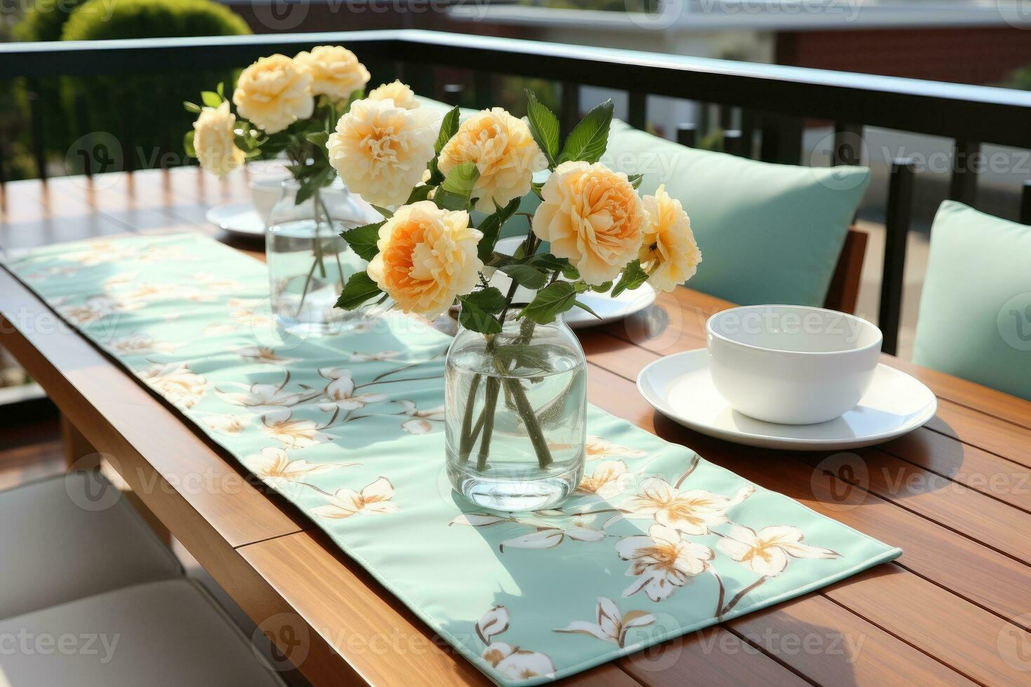 AI generated a table with a vase of flowers on it decorated with summer ornaments photo