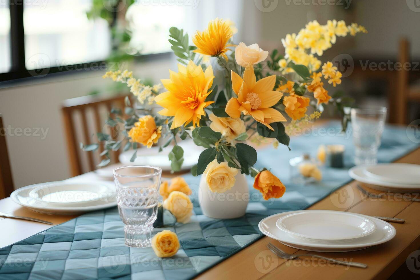 AI generated a table with a vase of flowers on it decorated with summer ornaments photo