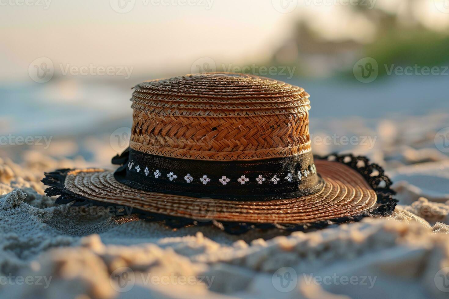 ai generado Paja sombrero en el arena playa profesional fotografía foto