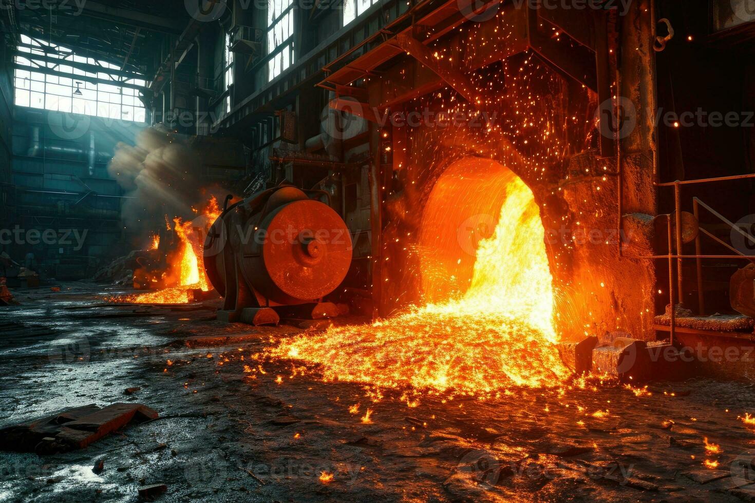 AI generated stock photo inside a steel smelting factory professional photography