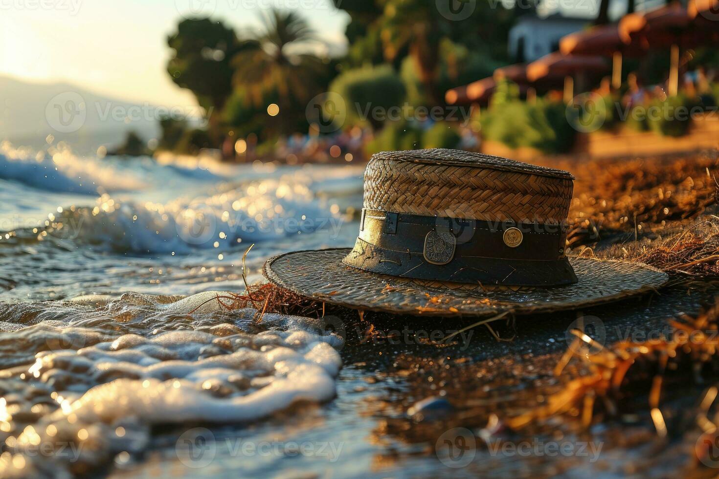 ai generado Paja sombrero en el arena playa profesional fotografía foto