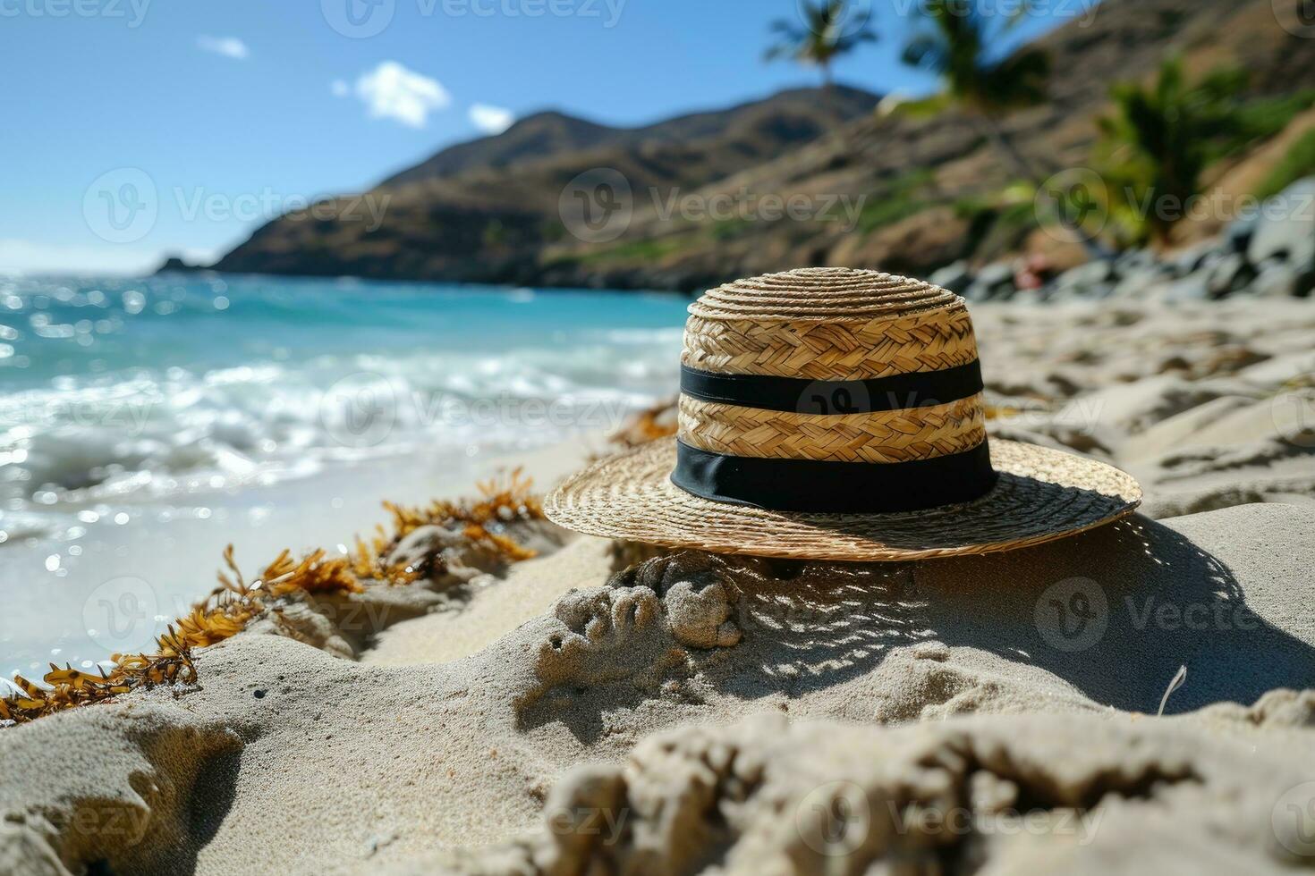 ai generado Paja sombrero en el arena playa profesional fotografía foto