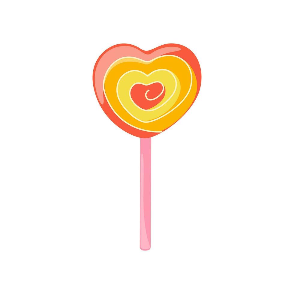 Bright colorful heart shaped lollipop for Valentine's day. Vector illustration on white background. Detailed cartoon element for holiday patterns, packaging, designs