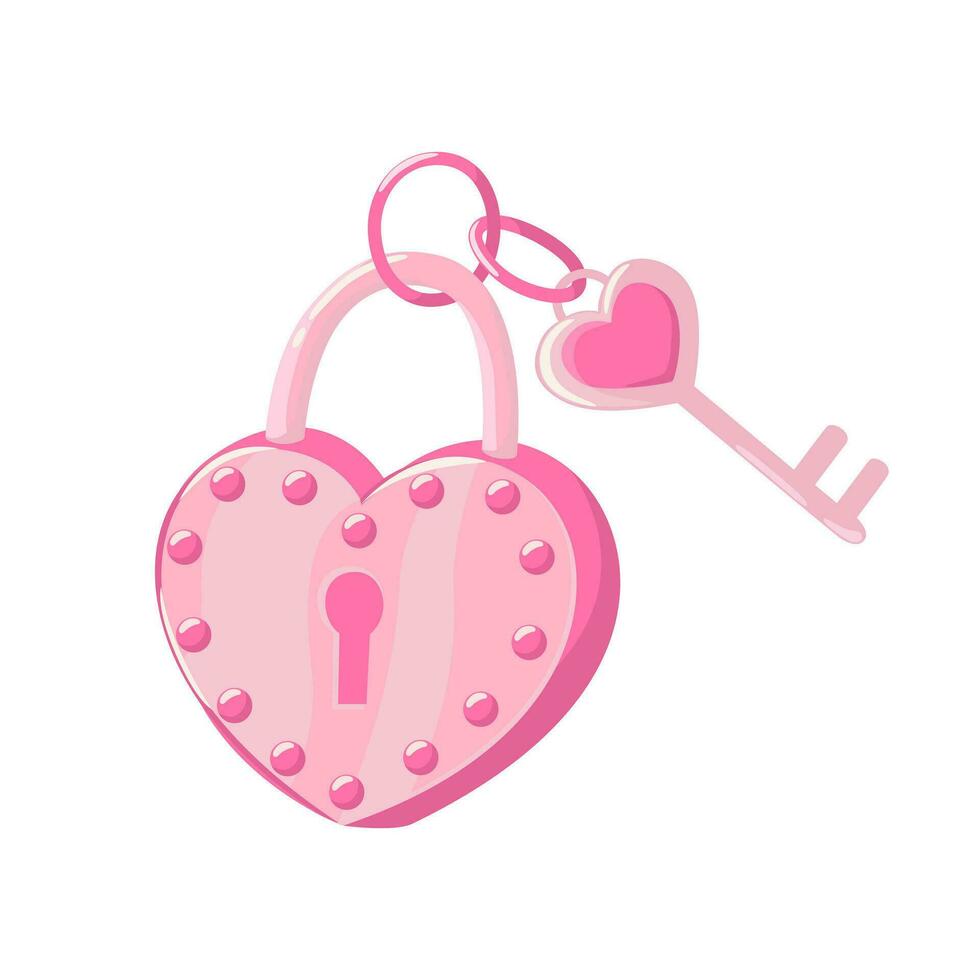 Pink heart shaped lock and key for Valentine's day as a symbol of endless love. Vector illustration on white background. Detailed cartoon element for holiday patterns, packaging, designs