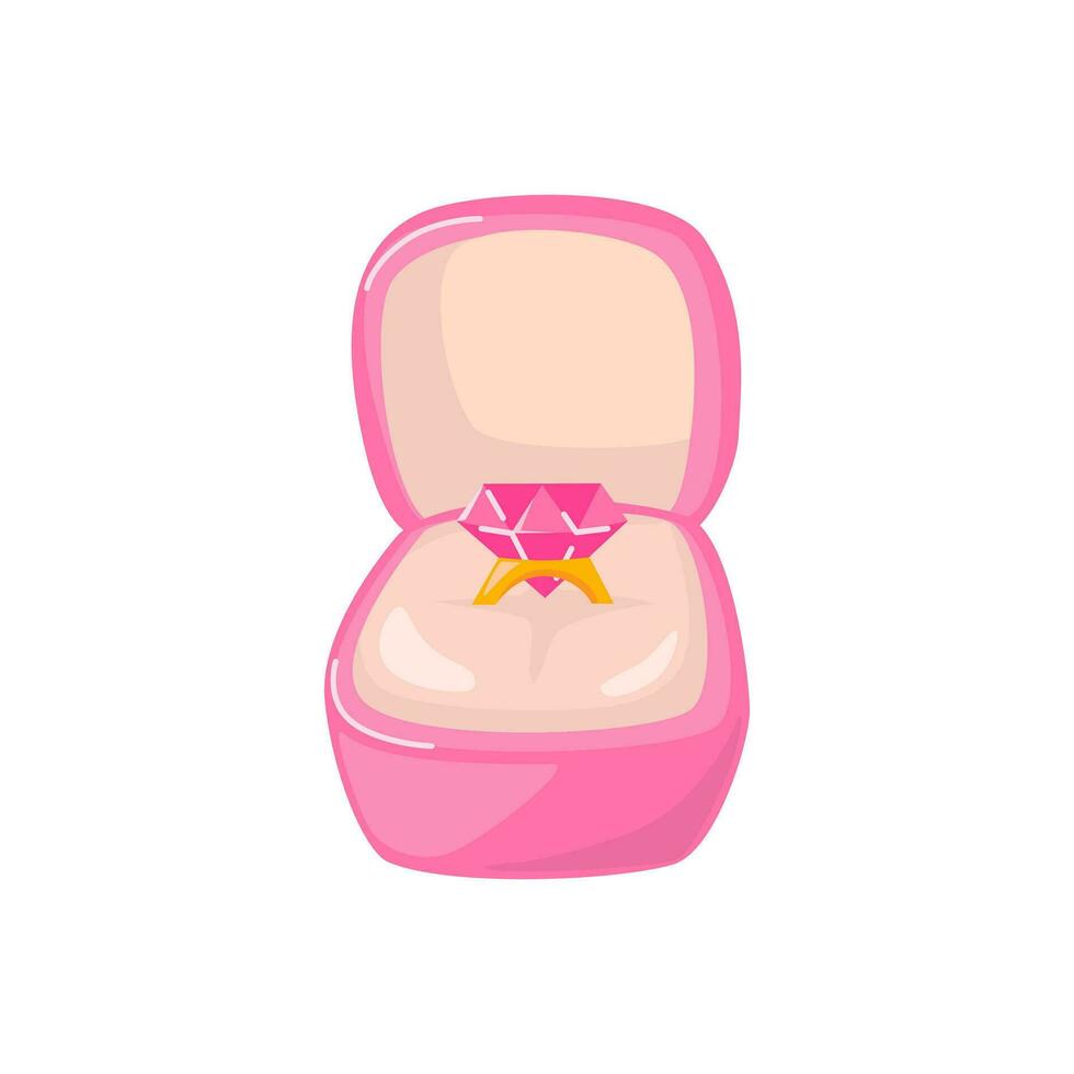 compromiso anillo con rosado diamante en joyería caja. amor confesión y propuesta regalo para San Valentín día. vector ilustración en blanco antecedentes. detallado dibujos animados elemento