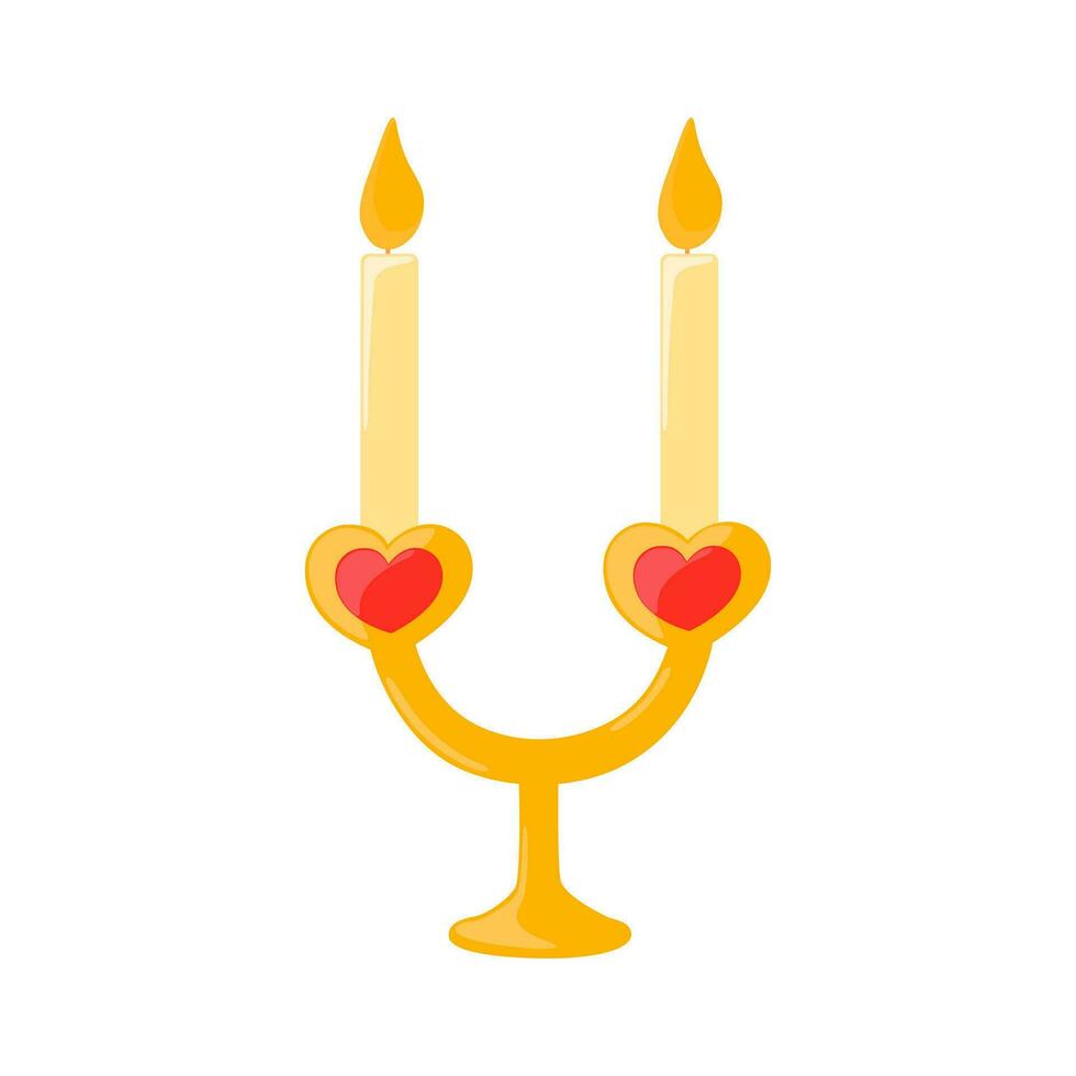 Golden candlestick with two lit candles with hearts for Valentine's day. Vector illustration lisolated on white background. Detailed cartoon element for holiday patterns, packaging, designs