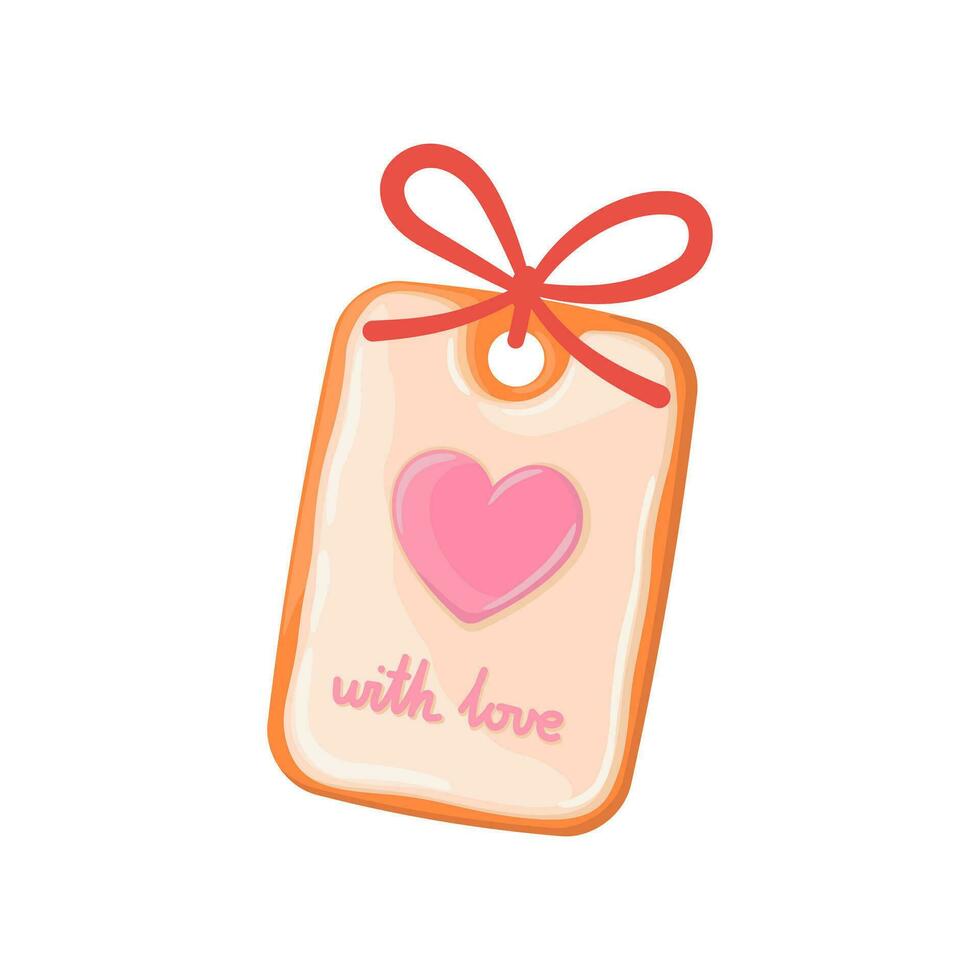 Gingerbread cookie with heart and love message for Valentine's day. Vector illustration with greeting isolated on white background. Detailed cartoon element for holiday patterns, packaging, designs