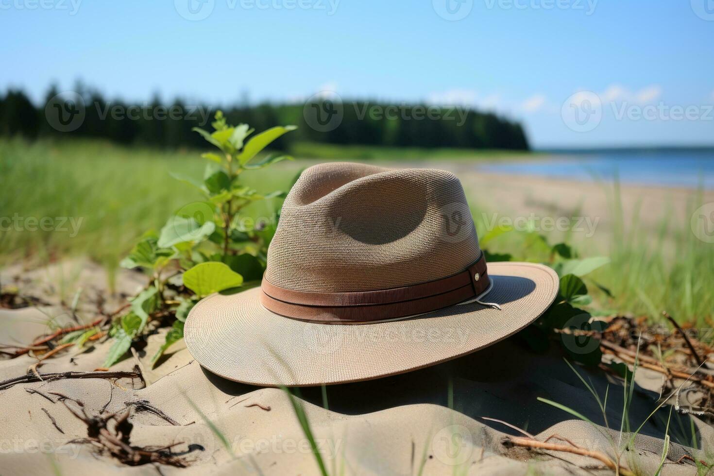 ai generado Paja sombrero en el arena playa profesional fotografía foto