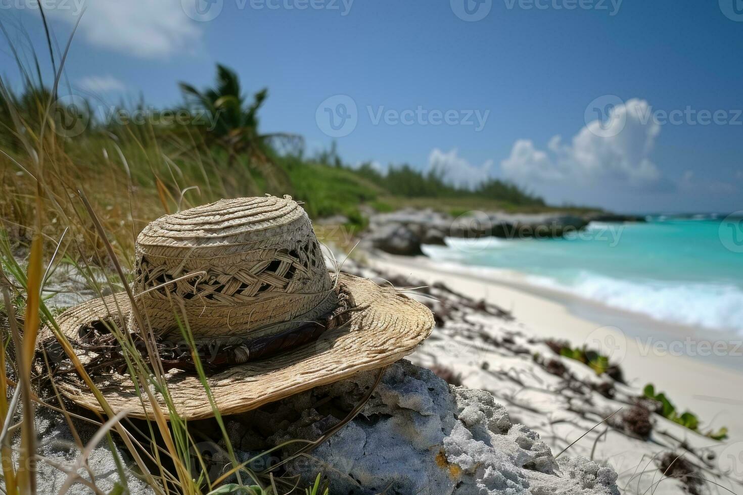 AI generated Straw hat on the sand beach professional photography photo