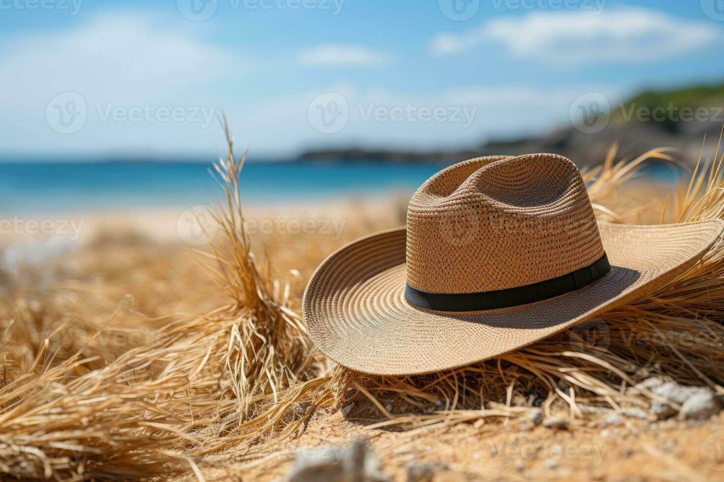 ai generado Paja sombrero en el arena playa profesional fotografía foto