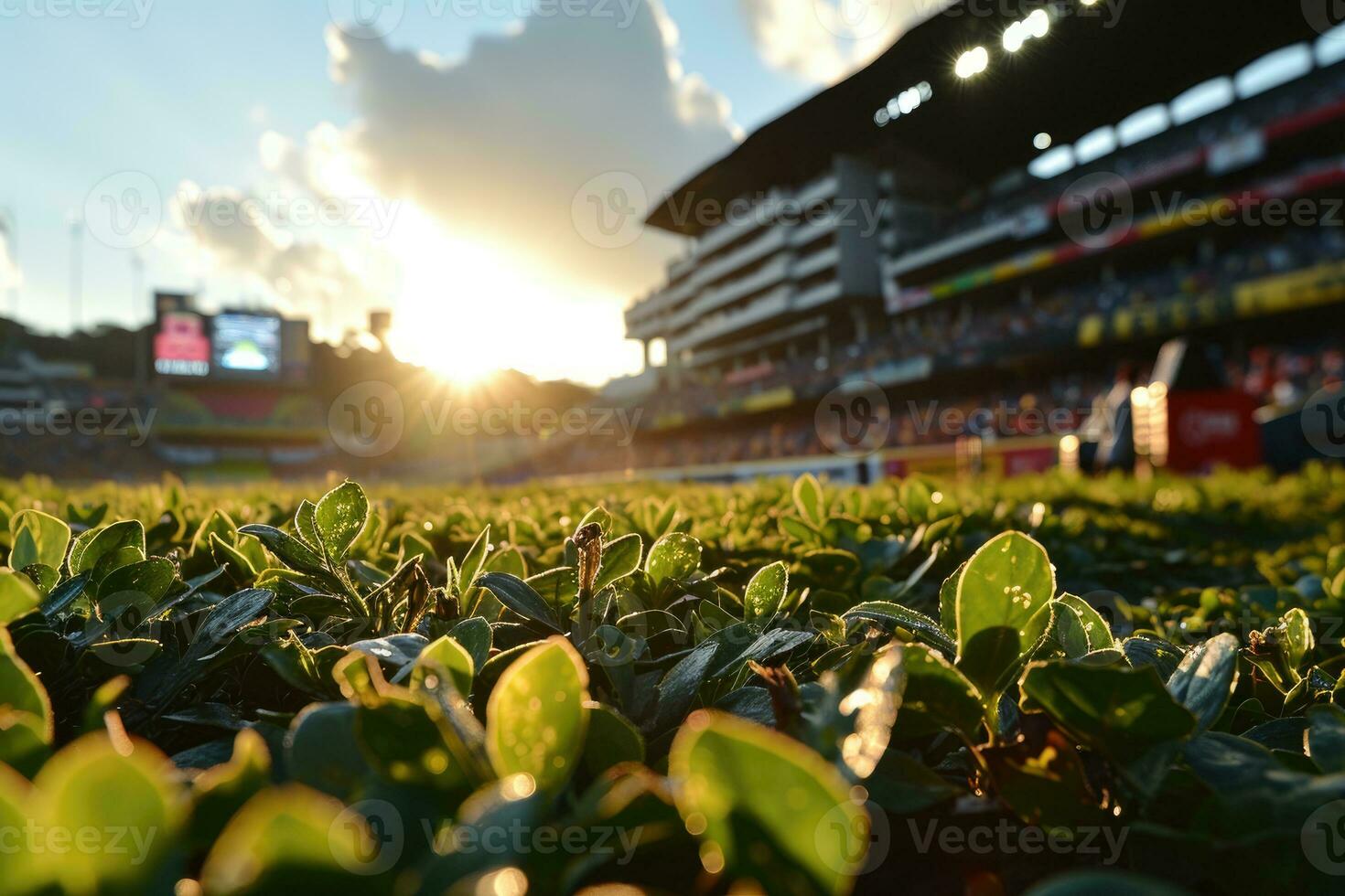 AI generated Lush green lawn at football soccer sports stadium professional photography photo