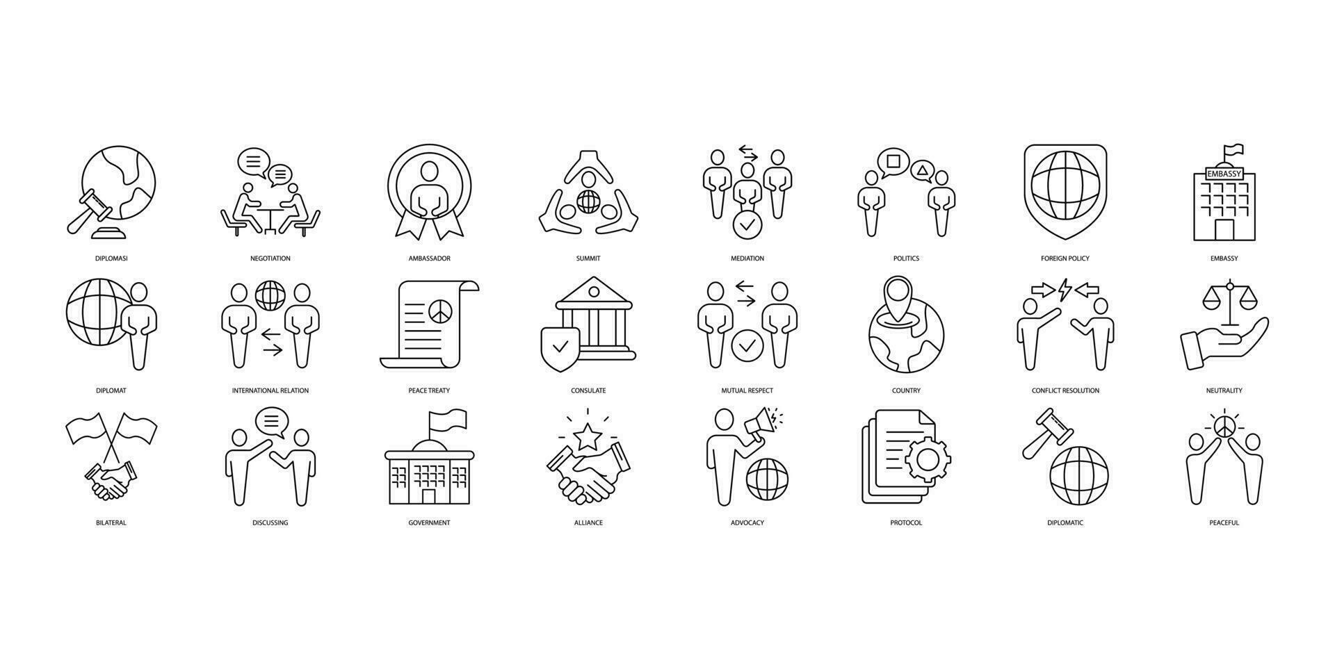 Diplomacy icons set. Set of editable stroke icons.Vector set of Diplomacy vector