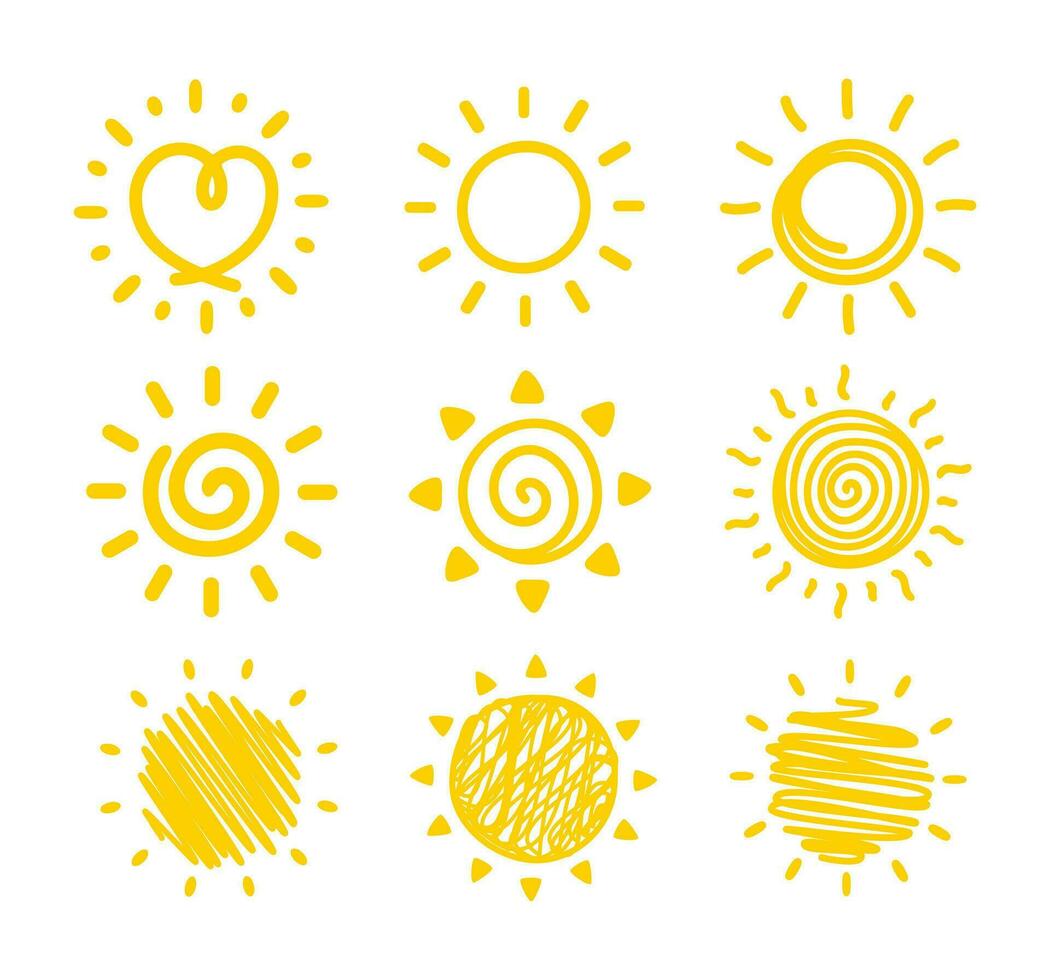 Simple hand drawn cartoon sun. morning weather decorative elements for children vector