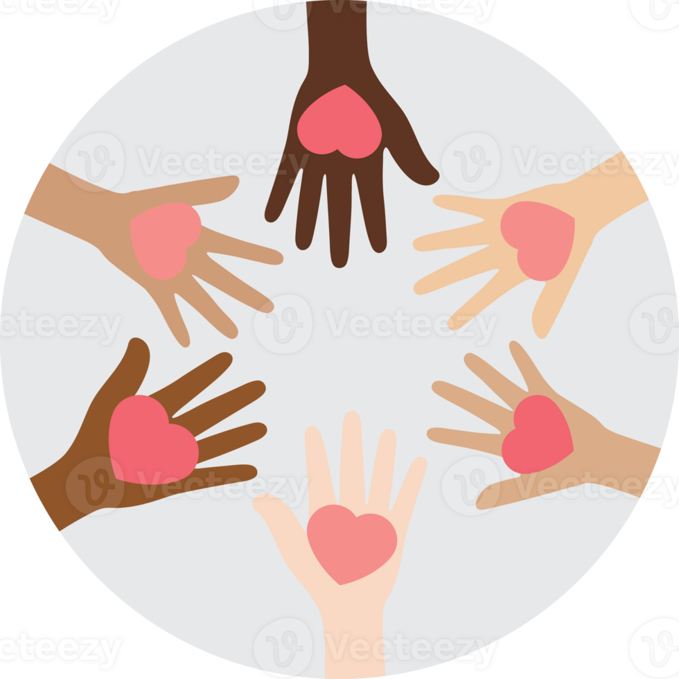 Flat design illustration of people with different skin colors putting their hands together, holding pink heart, on grey circle background. Unity concept. png