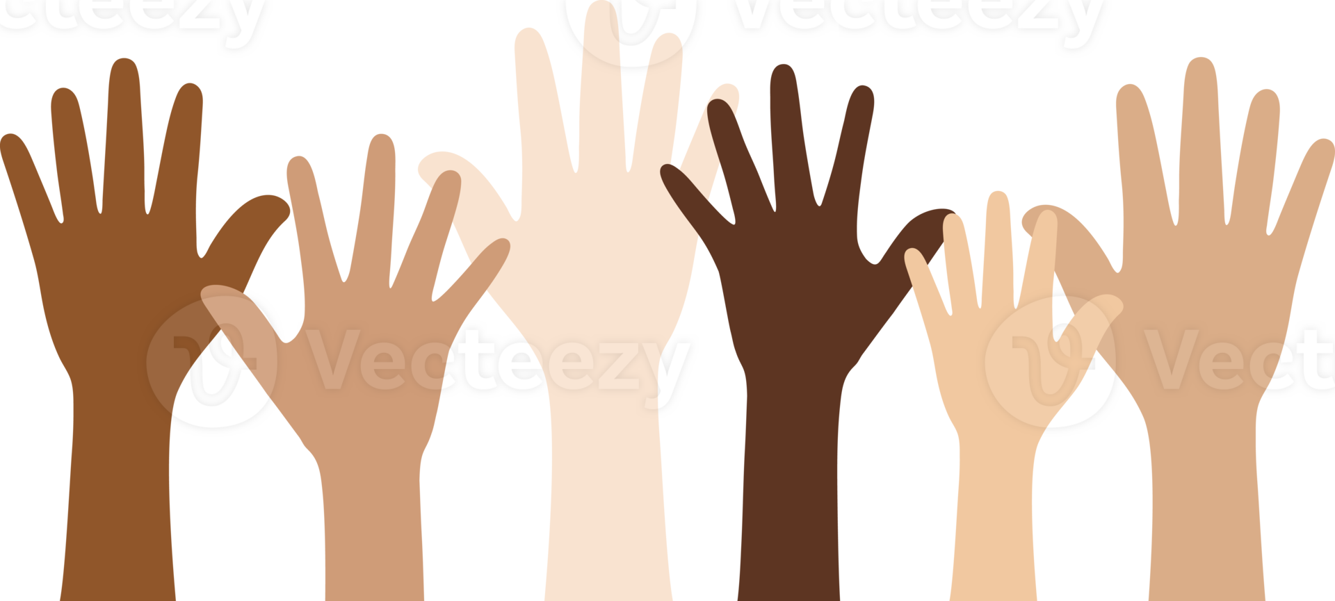 Flat design illustration of people with different skin colors raising their hands. Unity concept. png