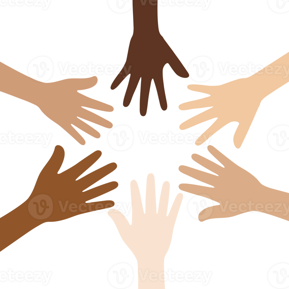 Flat design illustration of people with different skin colors putting their hands together. Unity concept. png