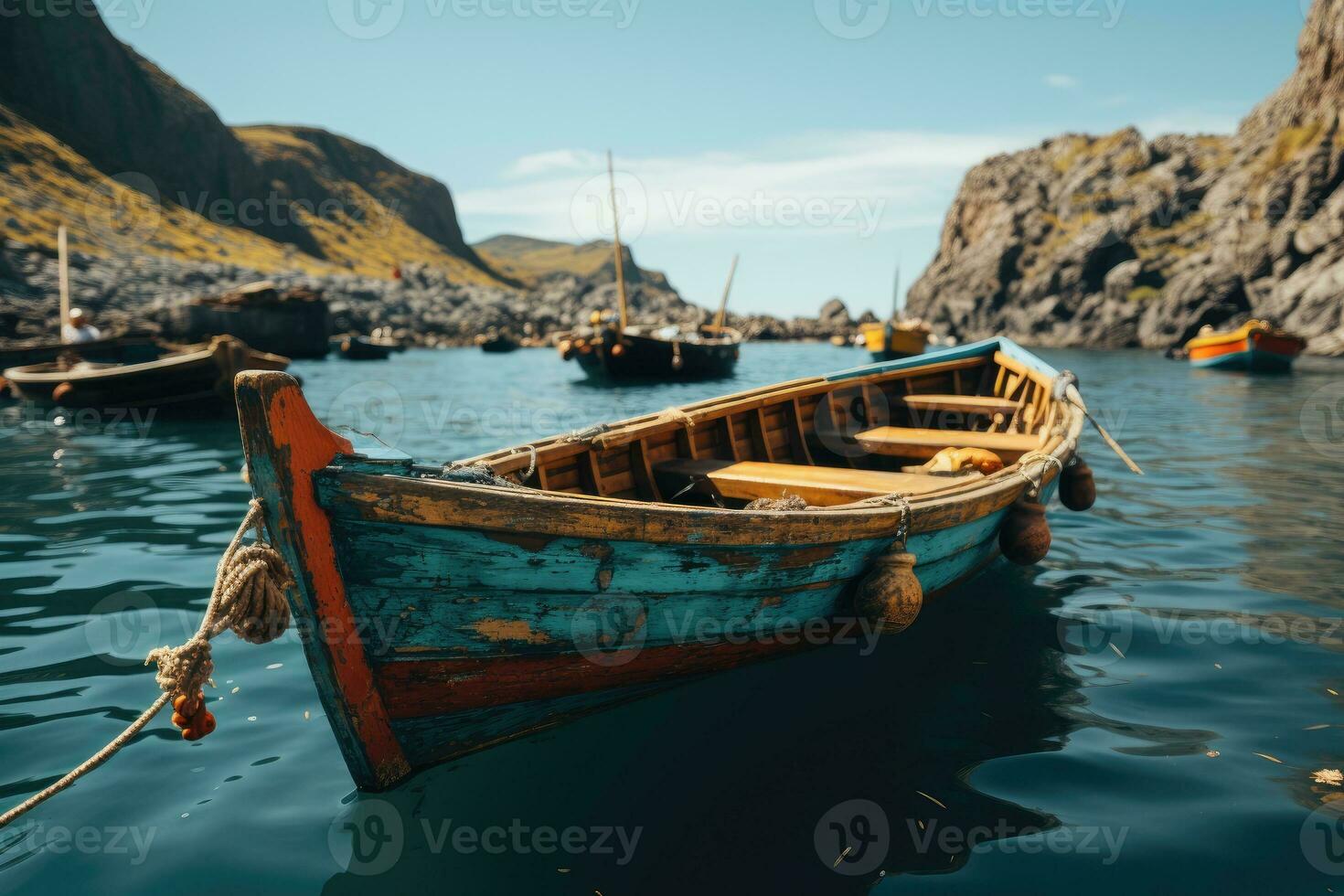 AI generated beautiful seascape beach ocean with colorful boats professional photography photo