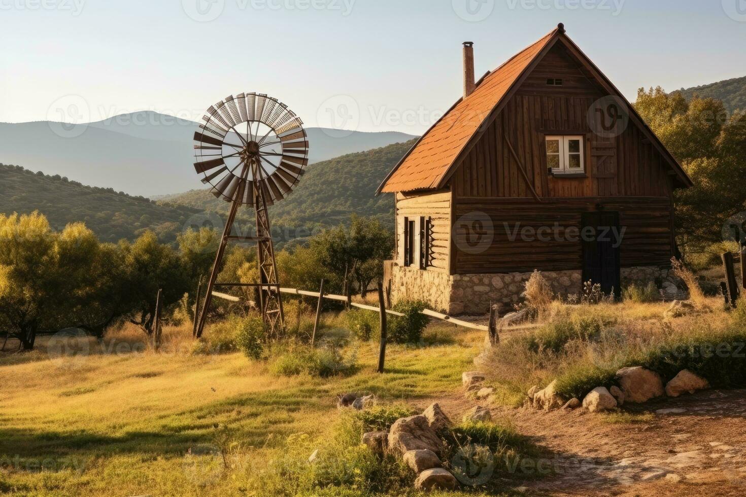 ai generado de madera casa a el pie de el montaña profesional fotografía foto