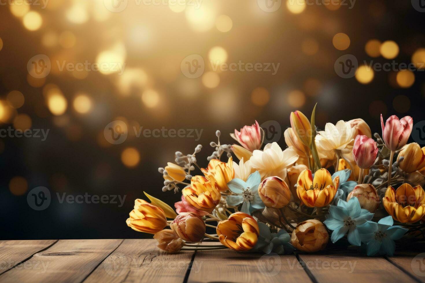 AI generated wooden table with flowers professional photography photo