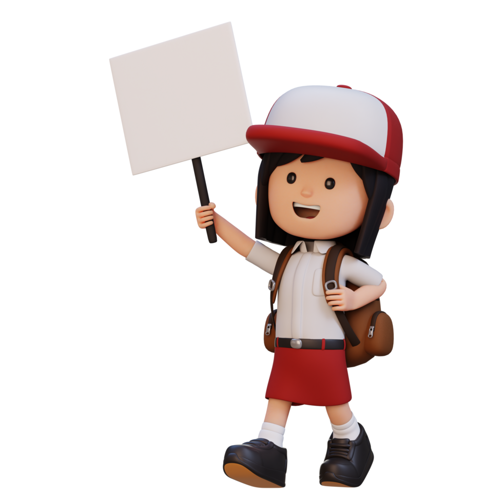 3D girl character holding a blank placard png