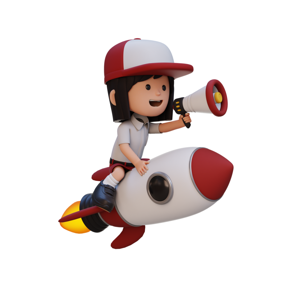 3D girl character riding a rocket and holding megaphone png