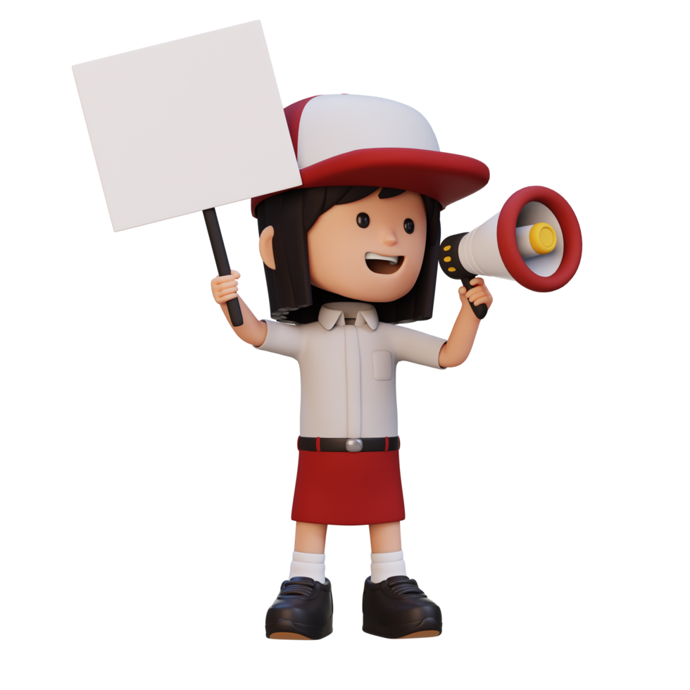 3D girl character holding a blank placard png