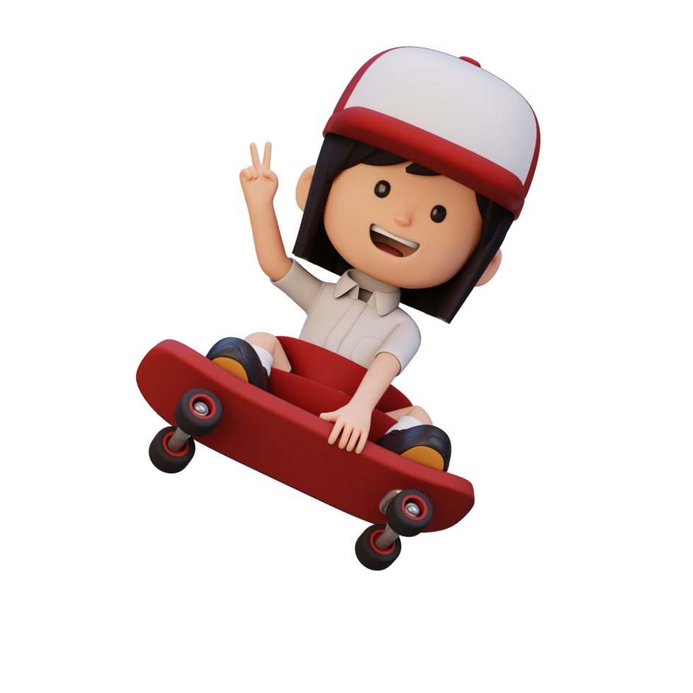 3D girl character ride skateboard png