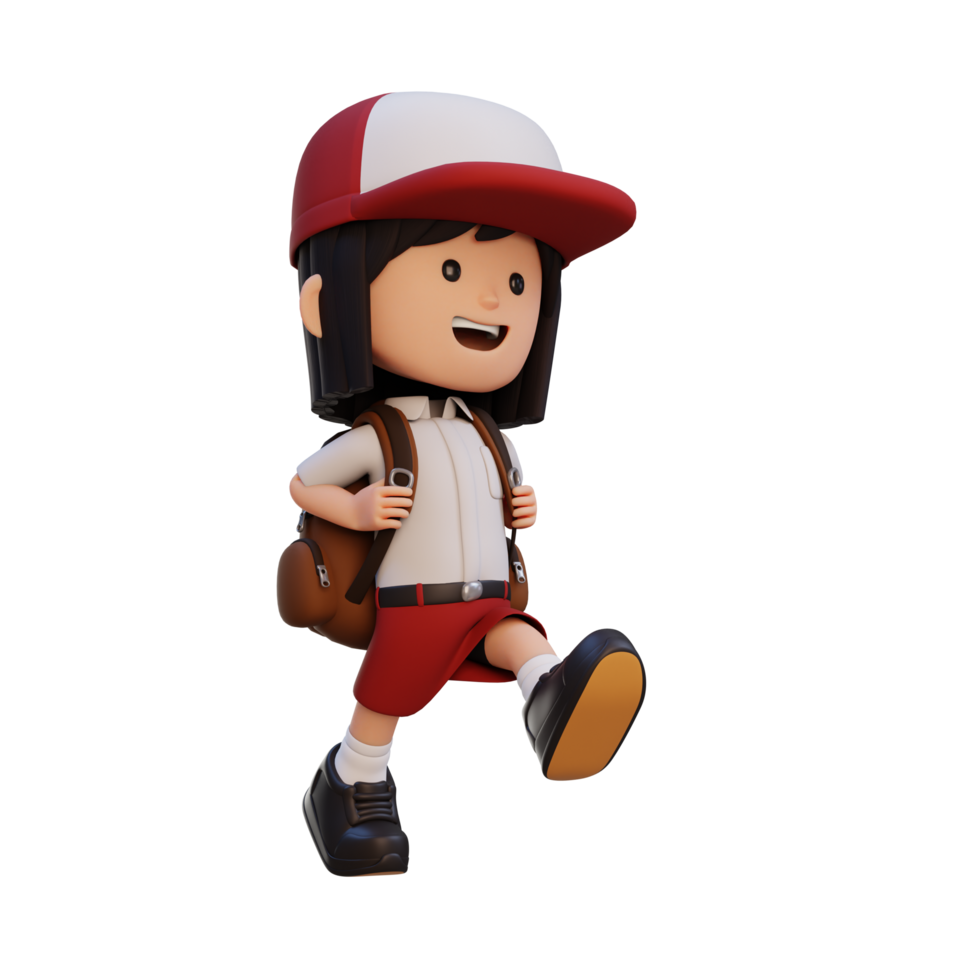 3D happy girl character walking go to school holding bag png