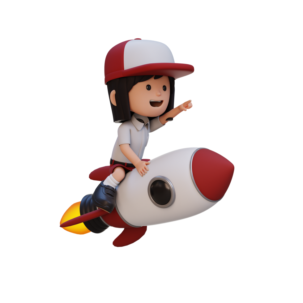 3D girl character riding a rocket and pointing hand png