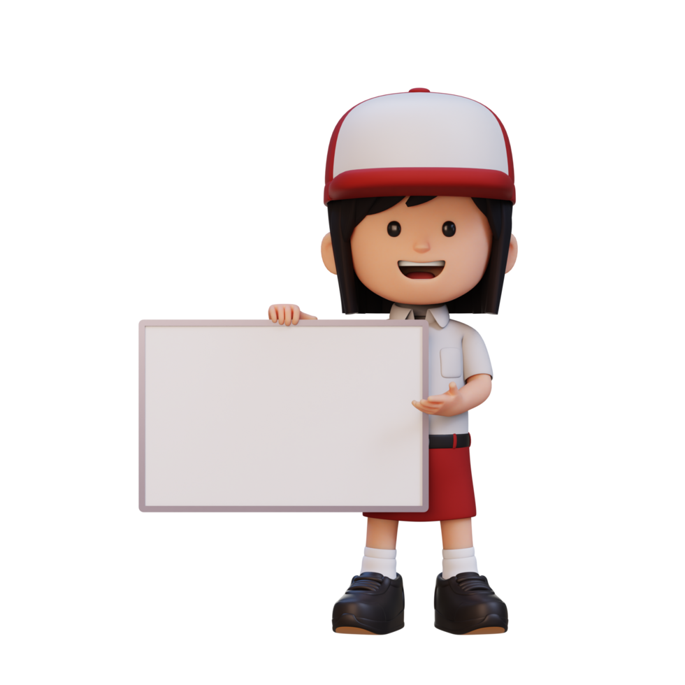 3D girl character holding a blank placard png