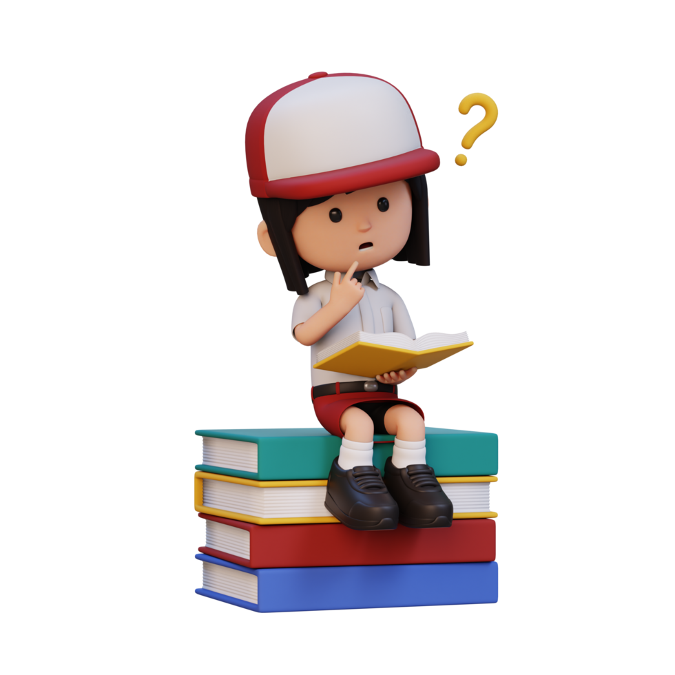 3D girl character get confused when reading a book png