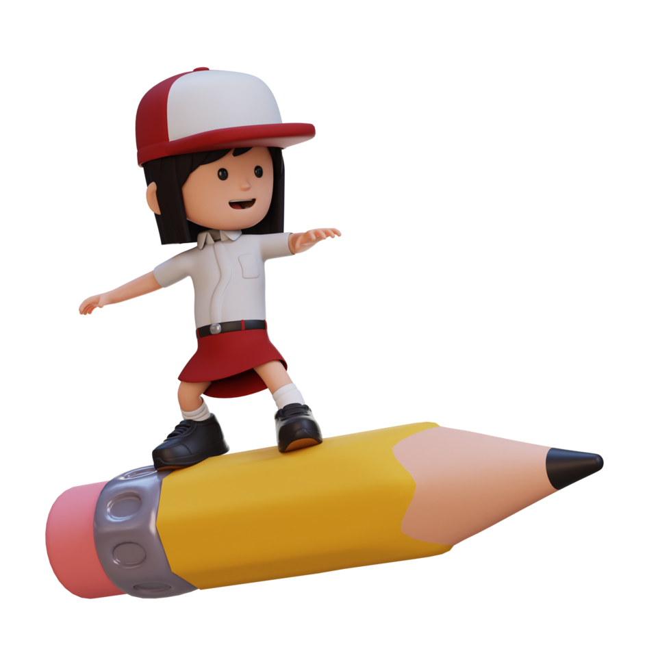 3D girl character standing riding a pencil png