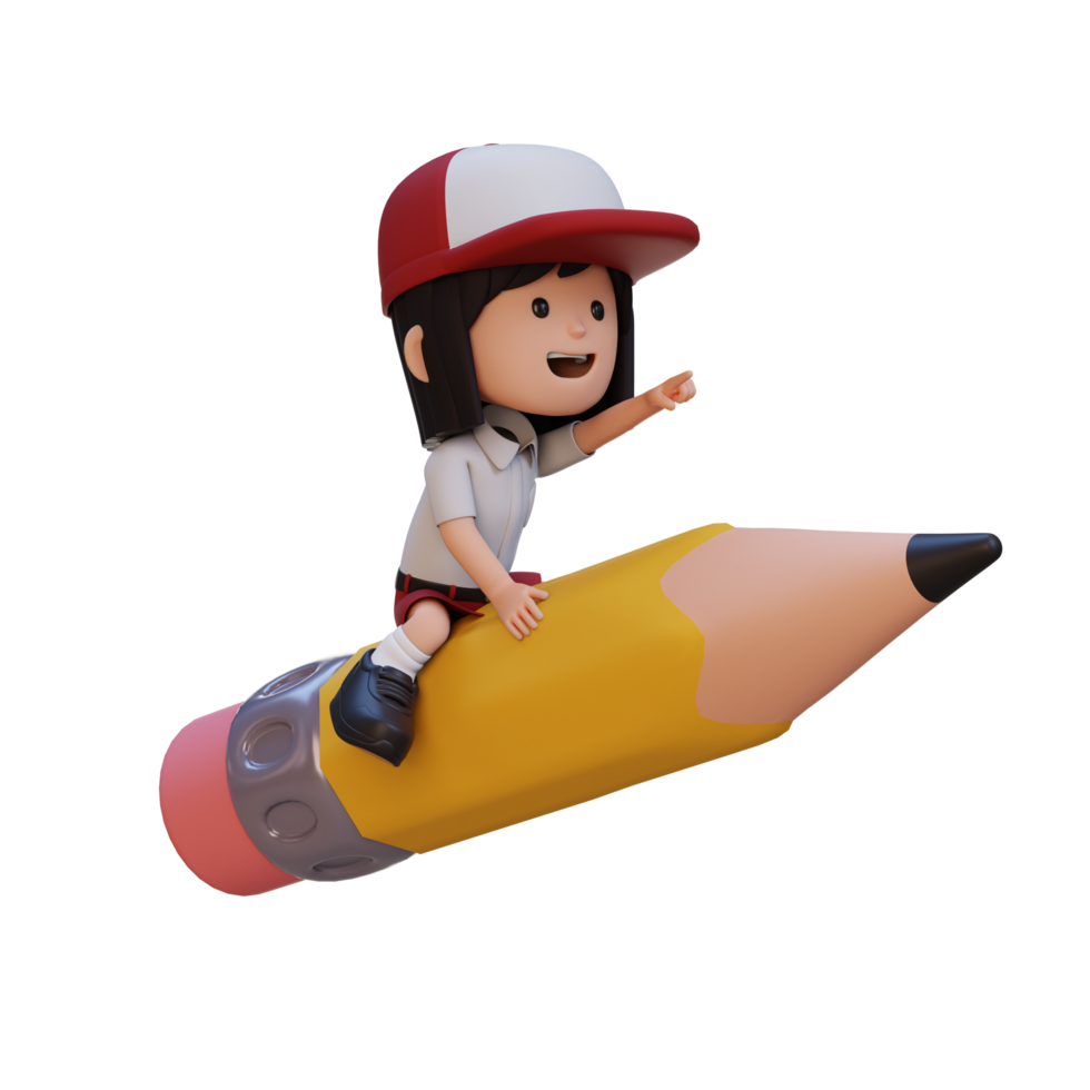 3D girl character riding a pencil and pointing hand png