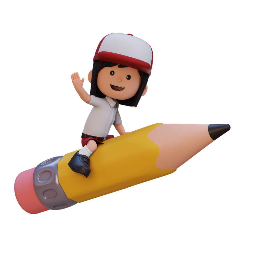 3D girl character riding a pencil and waving hand png
