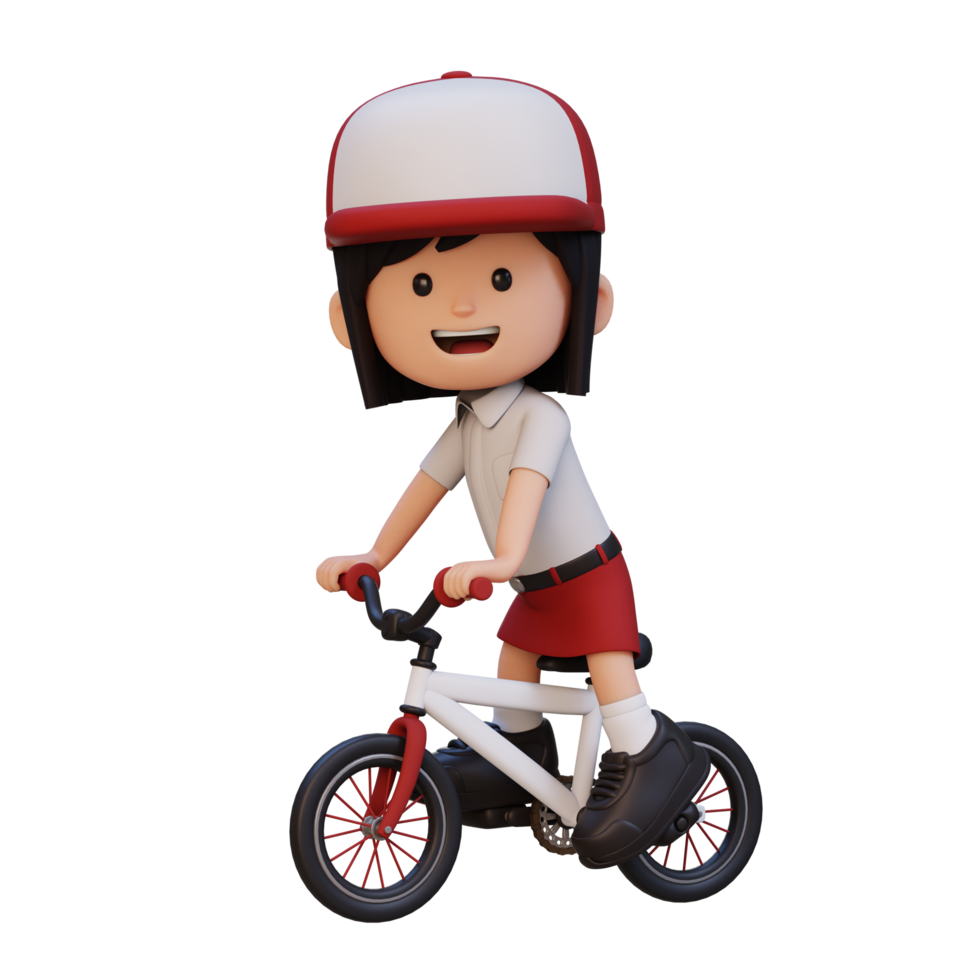 3D girl character ride bike go to school png