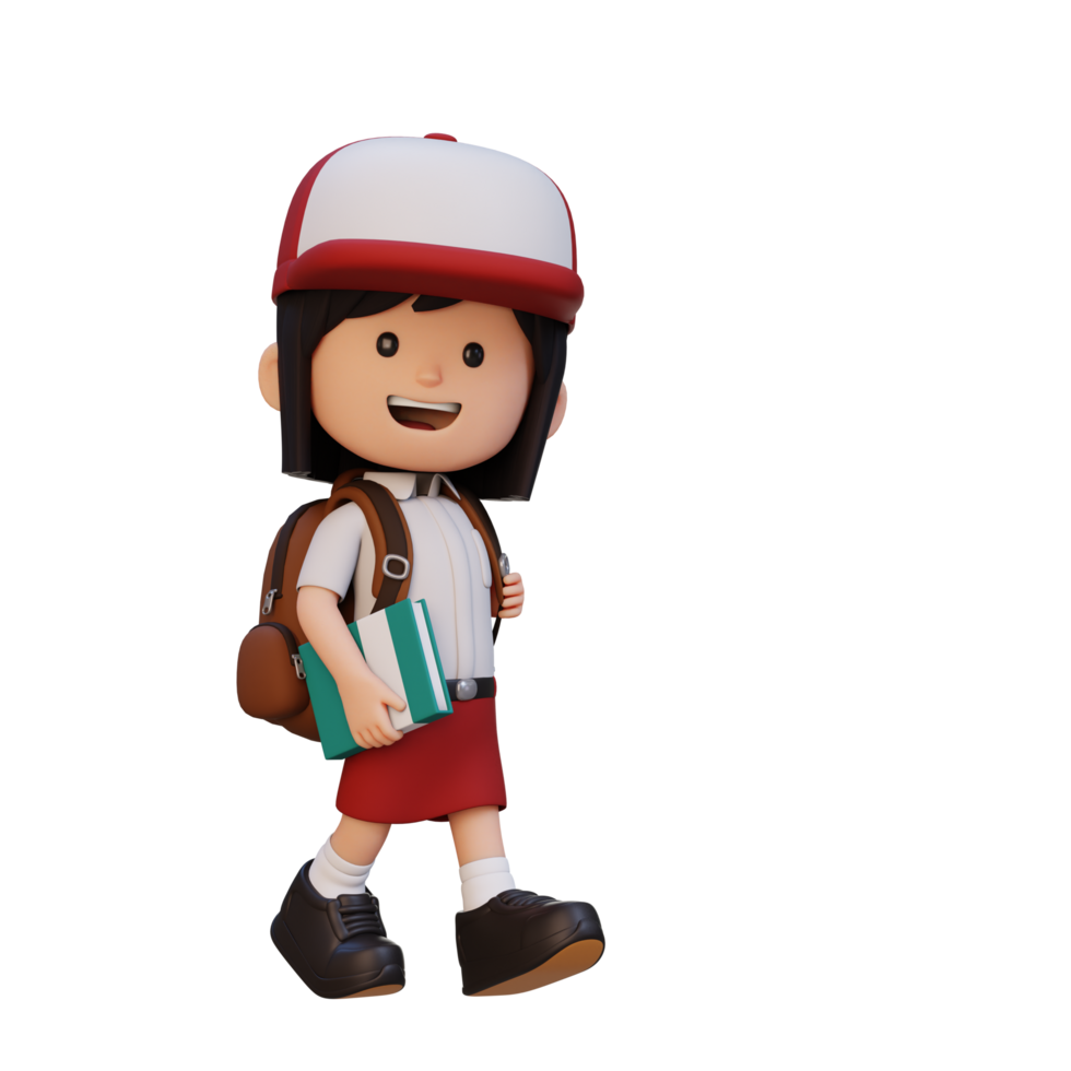 3D happy girl character walking go to school holding book png