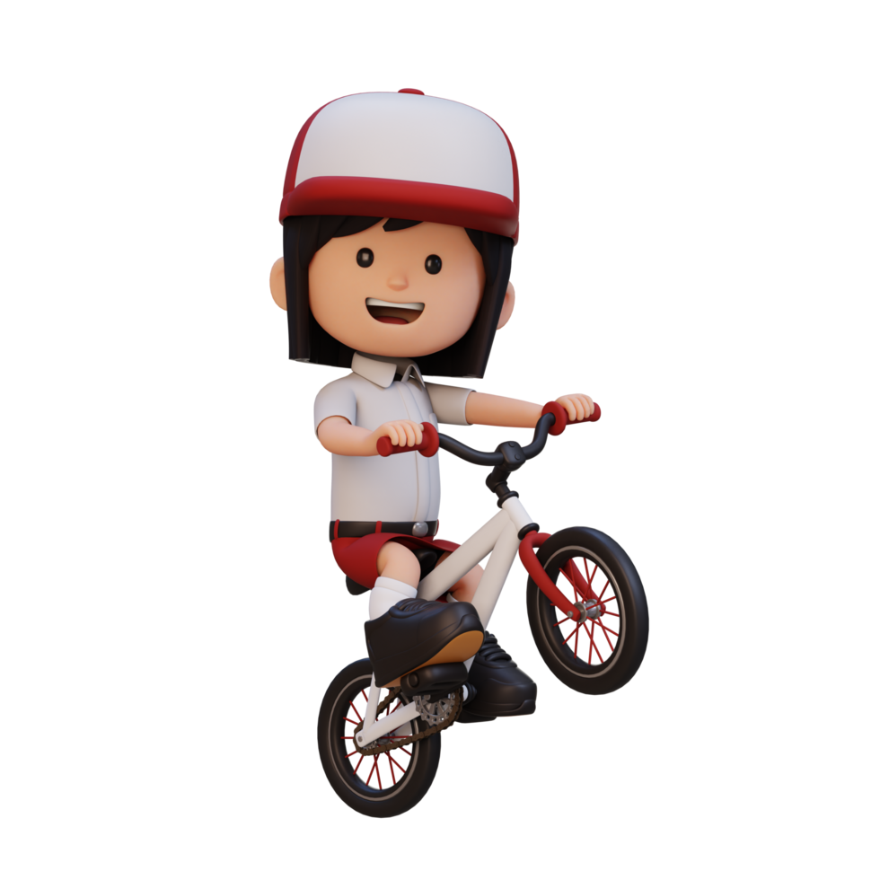 3D girl character ride bike go to school png